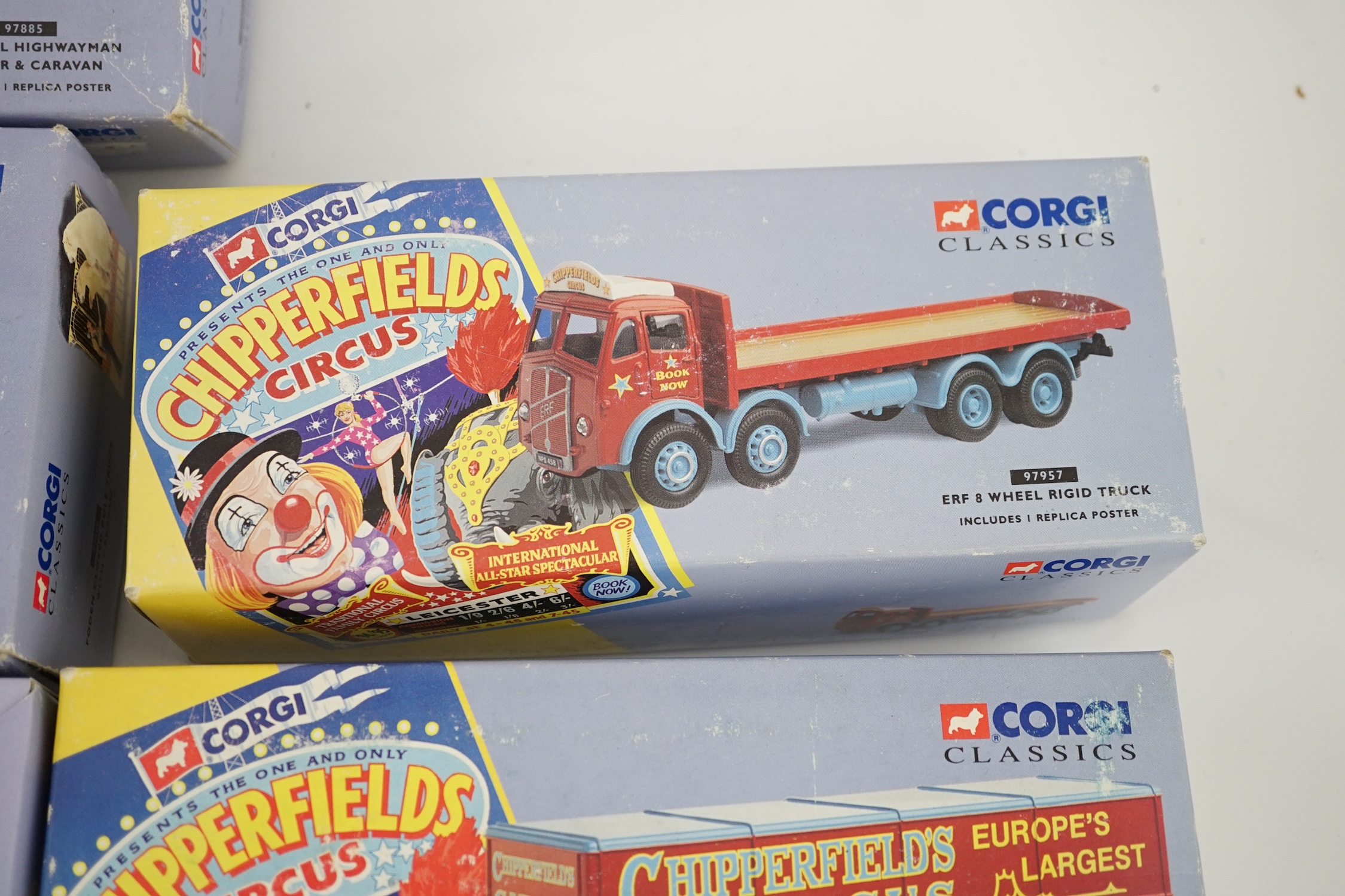 Six boxed Corgi Classics Chipperfields Circus vehicles including; a Scammell Highwayman and trailer, Foden closed pole truck, Bedford horsebox, ERF truck, etc.